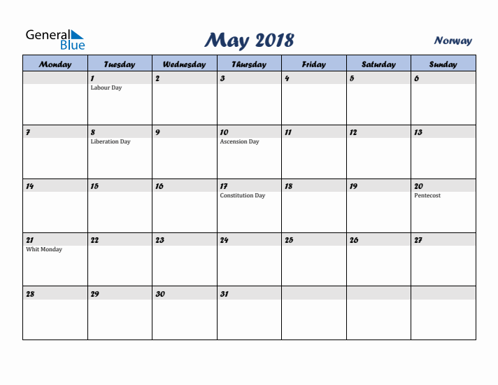 May 2018 Calendar with Holidays in Norway