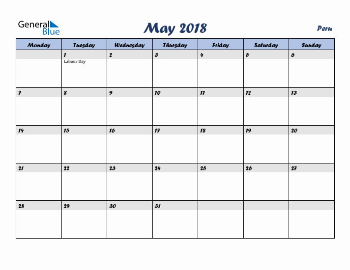 May 2018 Calendar with Holidays in Peru