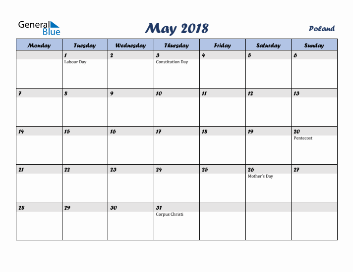 May 2018 Calendar with Holidays in Poland