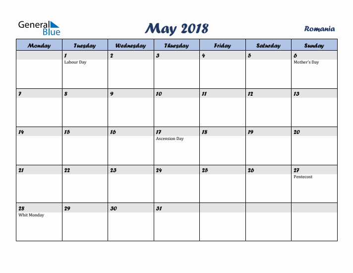 May 2018 Calendar with Holidays in Romania