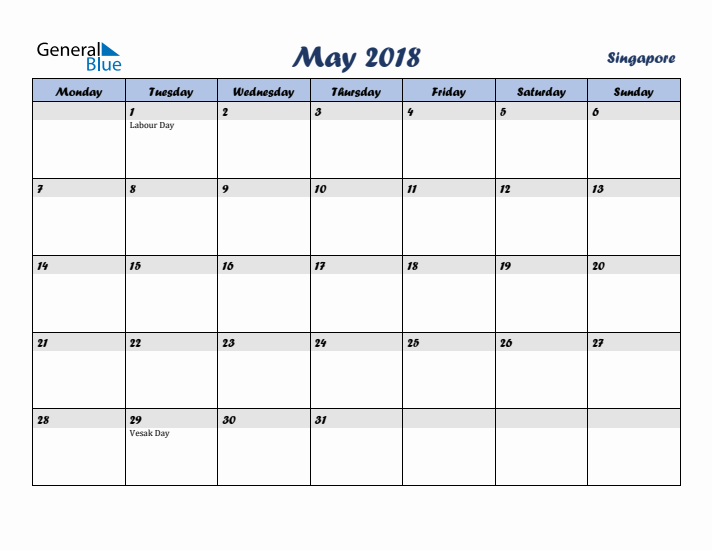 May 2018 Calendar with Holidays in Singapore