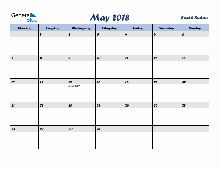 May 2018 Calendar with Holidays in South Sudan