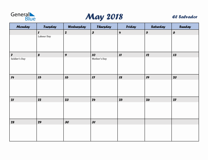 May 2018 Calendar with Holidays in El Salvador