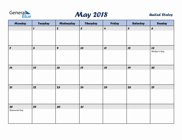 May 2018 Calendar with Holidays in United States