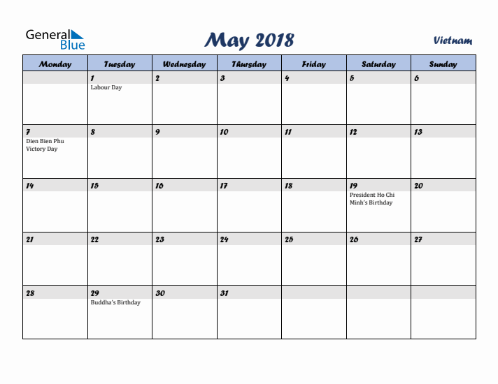 May 2018 Calendar with Holidays in Vietnam