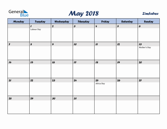 May 2018 Calendar with Holidays in Zimbabwe