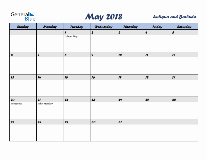 May 2018 Calendar with Holidays in Antigua and Barbuda