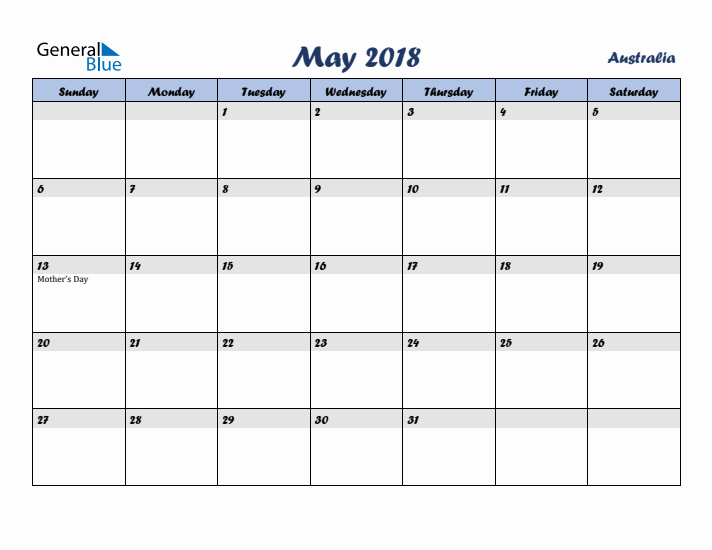 May 2018 Calendar with Holidays in Australia