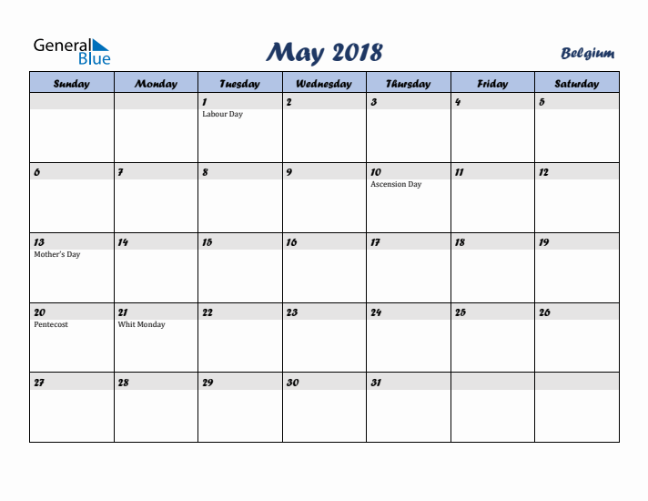 May 2018 Calendar with Holidays in Belgium