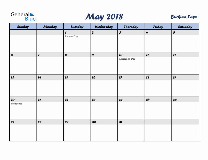 May 2018 Calendar with Holidays in Burkina Faso