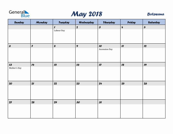 May 2018 Calendar with Holidays in Botswana