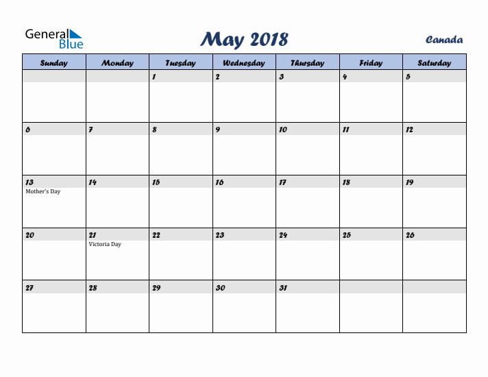 May 2018 Calendar with Holidays in Canada