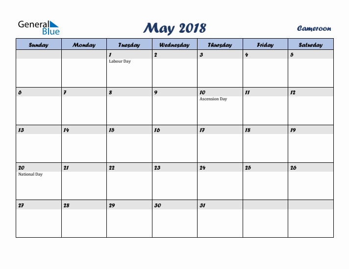 May 2018 Calendar with Holidays in Cameroon