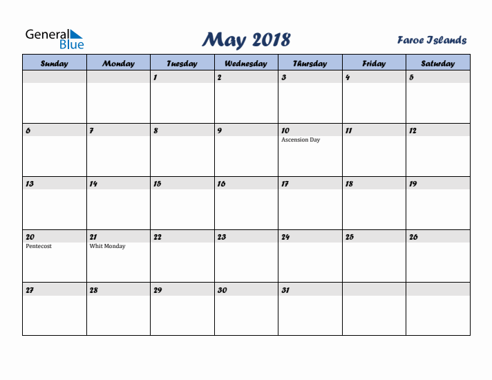 May 2018 Calendar with Holidays in Faroe Islands