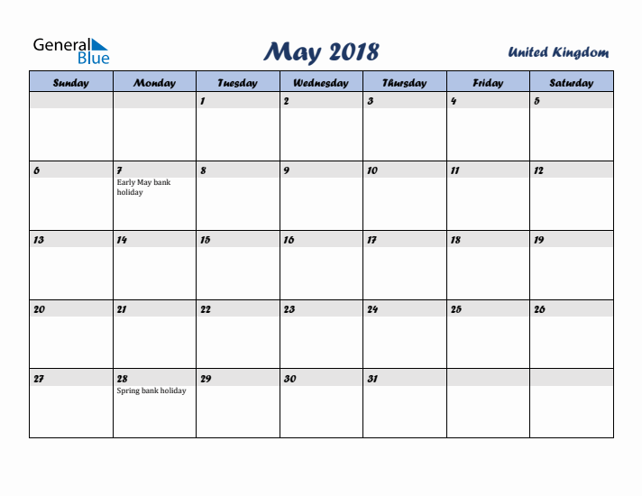 May 2018 Calendar with Holidays in United Kingdom