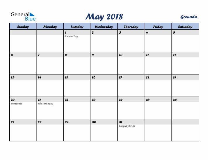 May 2018 Calendar with Holidays in Grenada