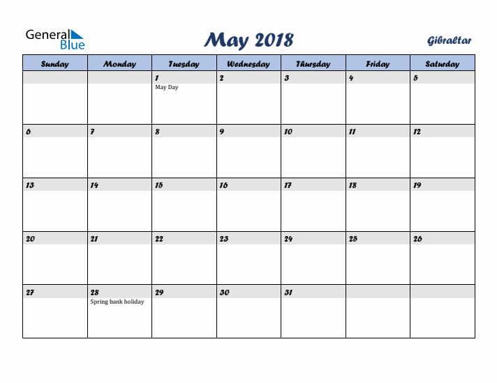 May 2018 Calendar with Holidays in Gibraltar