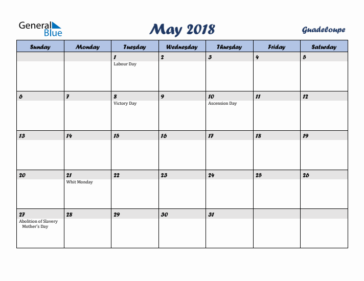 May 2018 Calendar with Holidays in Guadeloupe