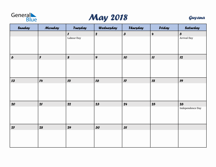 May 2018 Calendar with Holidays in Guyana