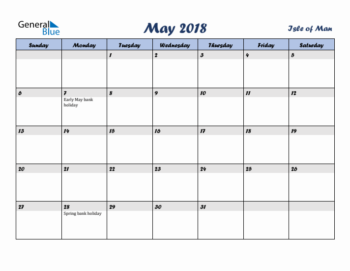 May 2018 Calendar with Holidays in Isle of Man