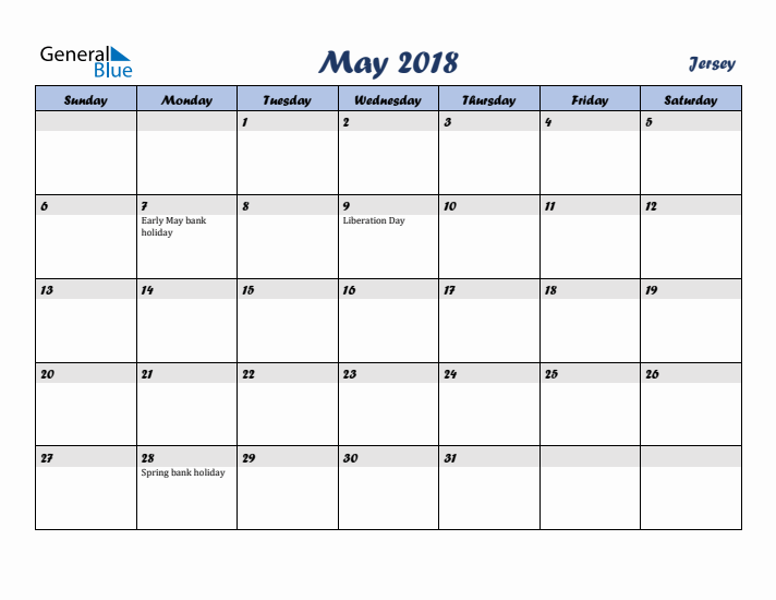 May 2018 Calendar with Holidays in Jersey