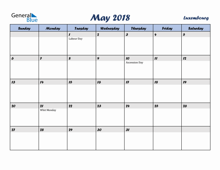 May 2018 Calendar with Holidays in Luxembourg