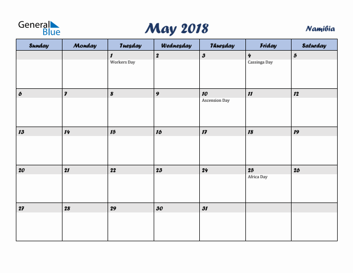 May 2018 Calendar with Holidays in Namibia