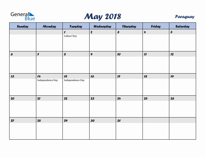 May 2018 Calendar with Holidays in Paraguay