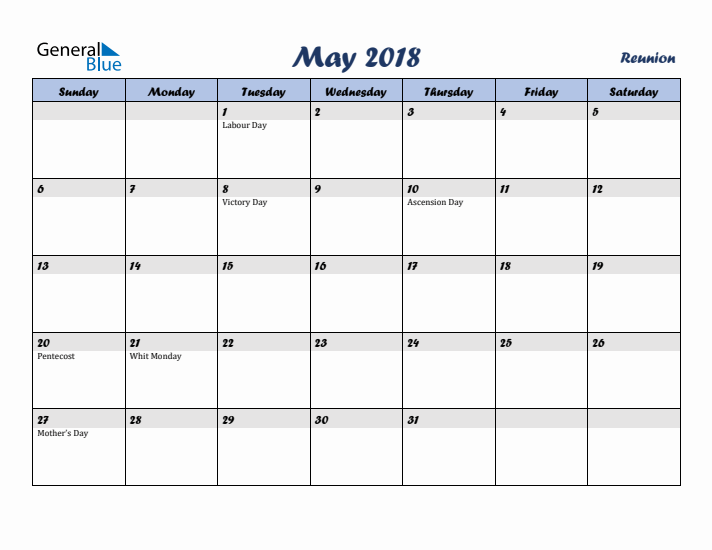 May 2018 Calendar with Holidays in Reunion