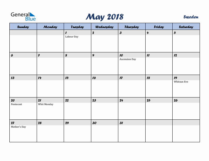 May 2018 Calendar with Holidays in Sweden