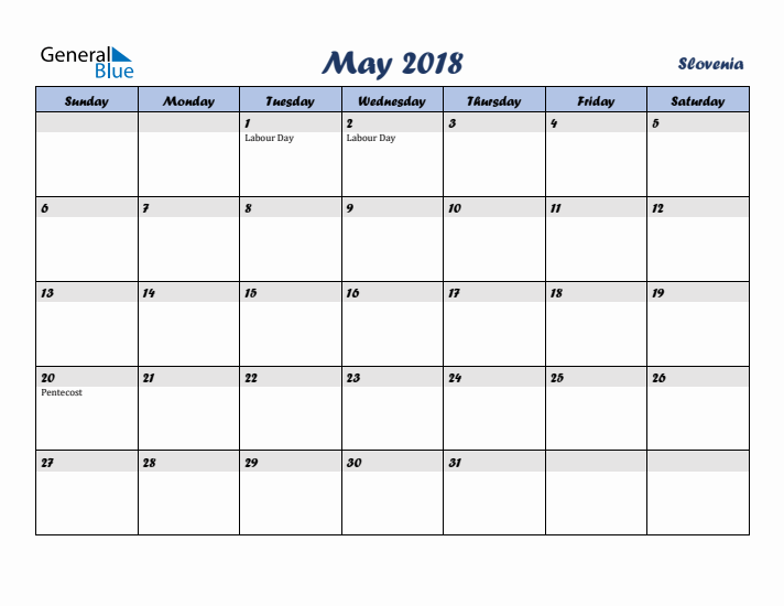 May 2018 Calendar with Holidays in Slovenia