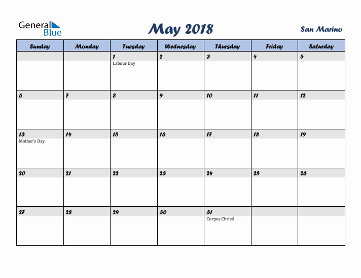 May 2018 Calendar with Holidays in San Marino