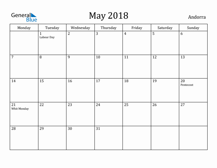 May 2018 Calendar Andorra