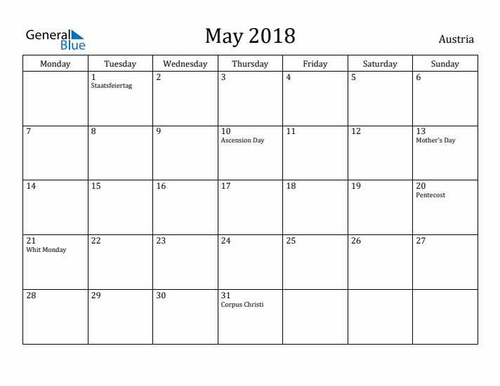 May 2018 Calendar Austria