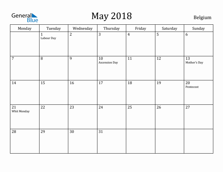 May 2018 Calendar Belgium