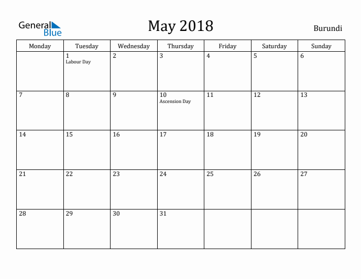 May 2018 Calendar Burundi