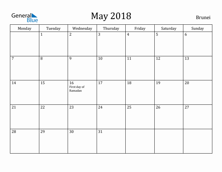 May 2018 Calendar Brunei