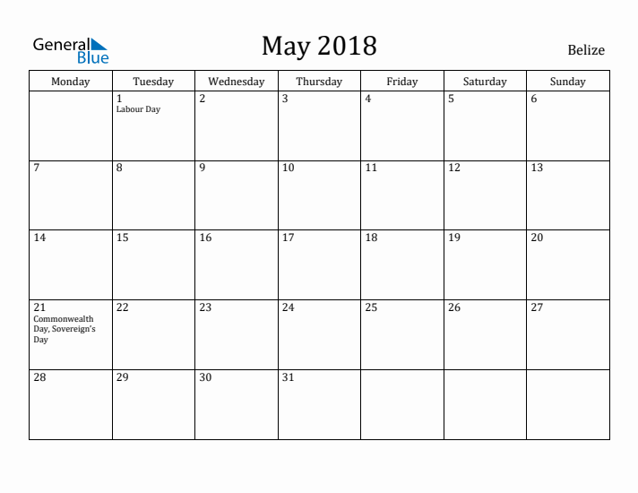 May 2018 Calendar Belize