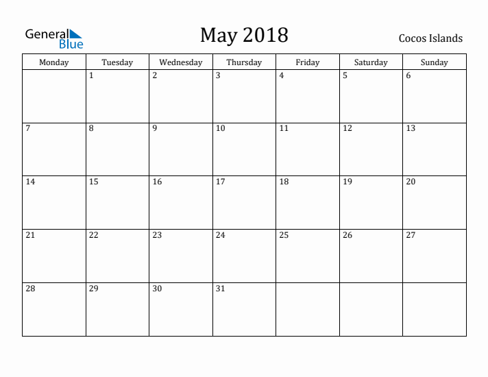 May 2018 Calendar Cocos Islands