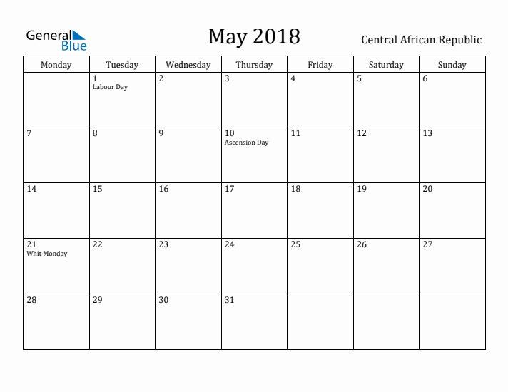 May 2018 Calendar Central African Republic