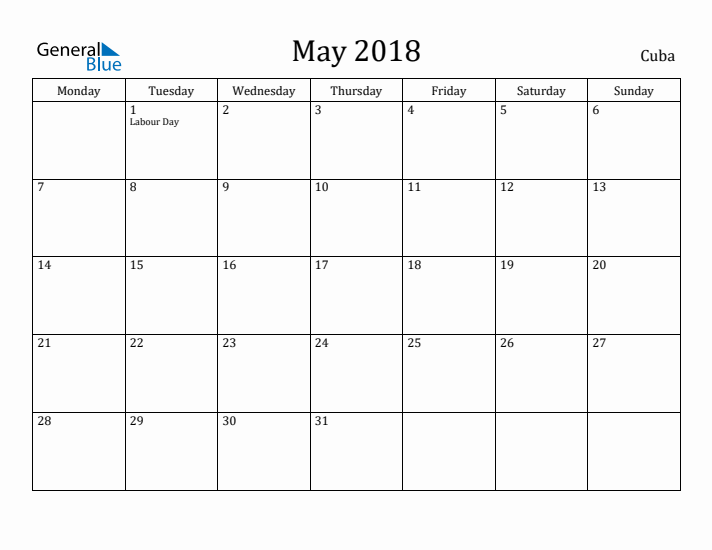 May 2018 Calendar Cuba