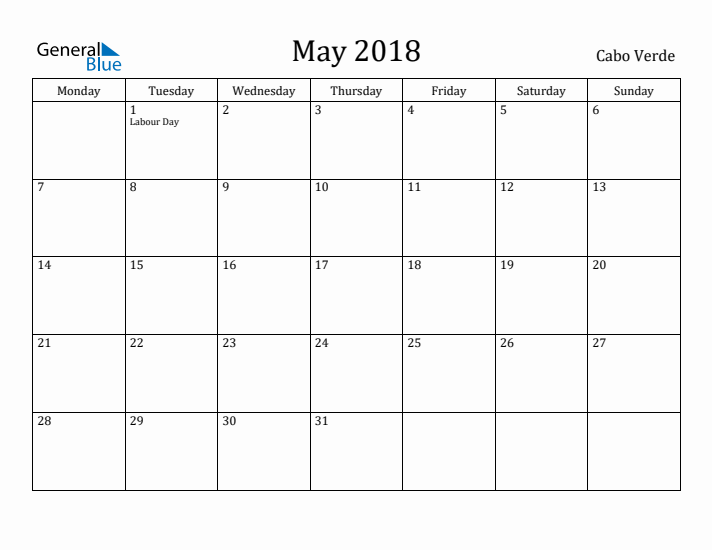 May 2018 Calendar Cabo Verde