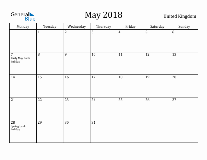 May 2018 Calendar United Kingdom