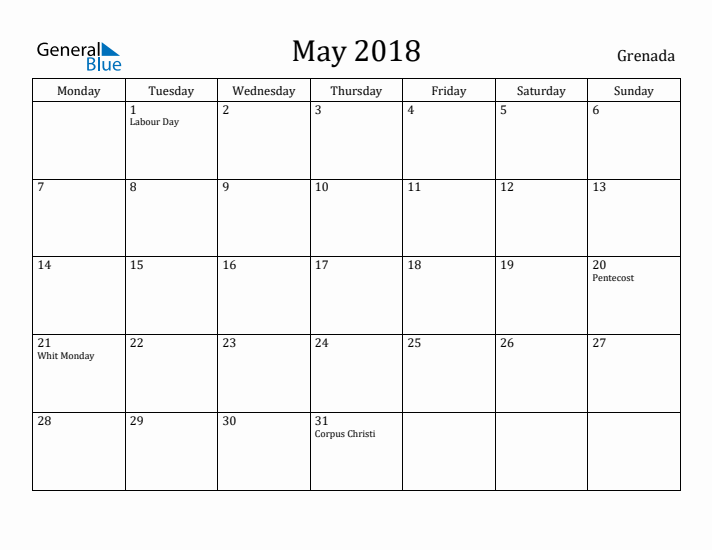 May 2018 Calendar Grenada