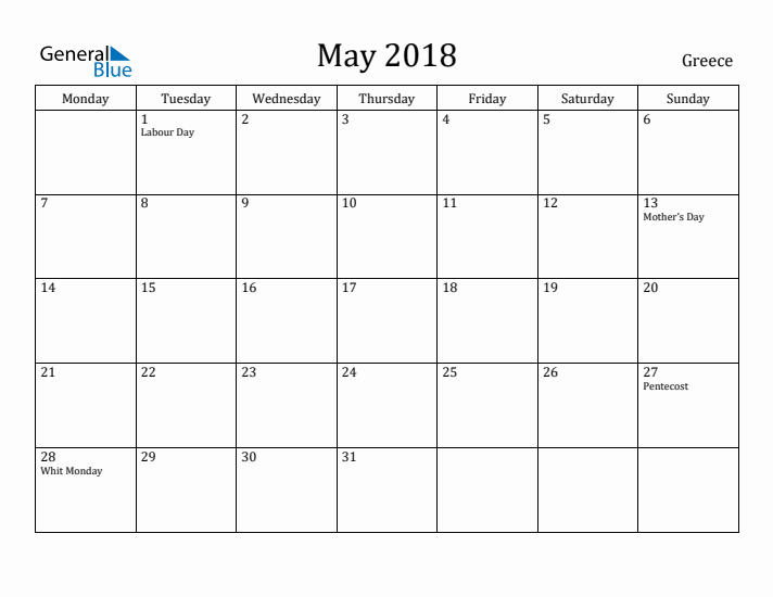 May 2018 Calendar Greece