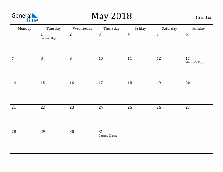 May 2018 Calendar Croatia