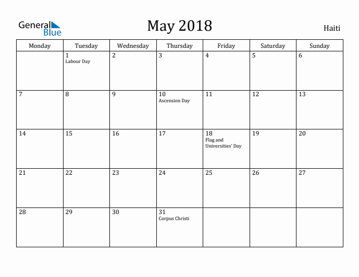 May 2018 Calendar Haiti