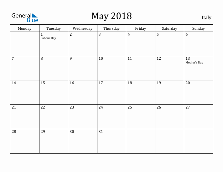 May 2018 Calendar Italy