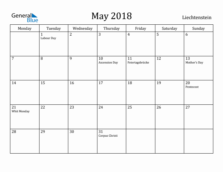 May 2018 Calendar Liechtenstein