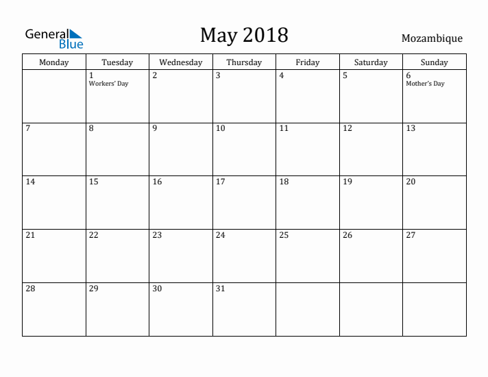 May 2018 Calendar Mozambique